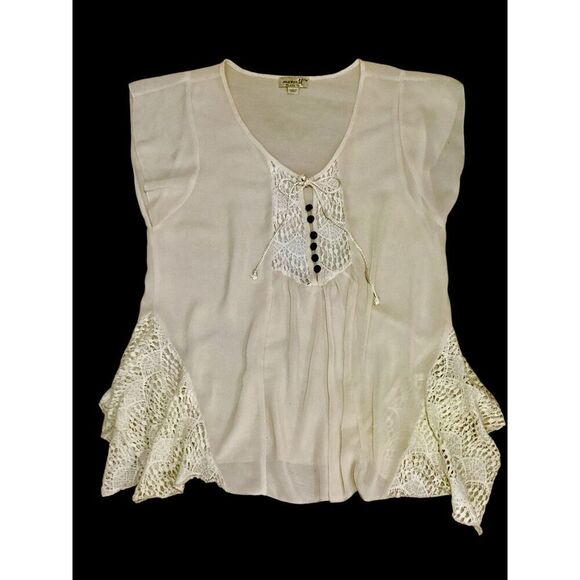 ONE WORLD Tops - One World Women’s Silky Cap Sleeve Cream Boho Blouse Size S